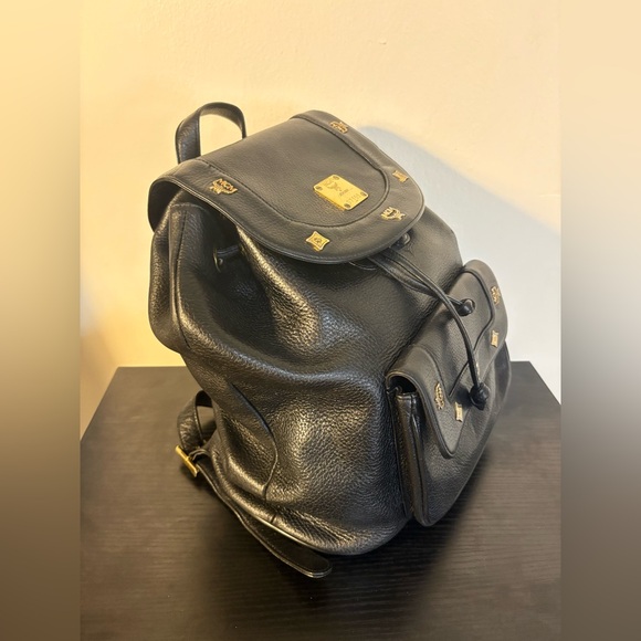 MCM Black Leather Backpack‎ with Gold Accents and draw strings 12"x11" - Picture 6 of 16